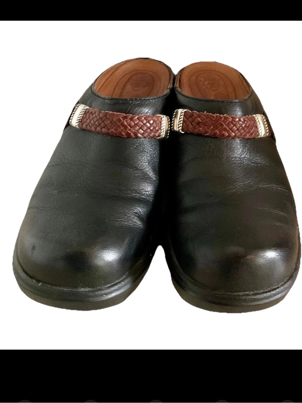 Ariat Black Leather Clog /Mules Western Brown Strap Braid Accent Sz 6.5 Womens